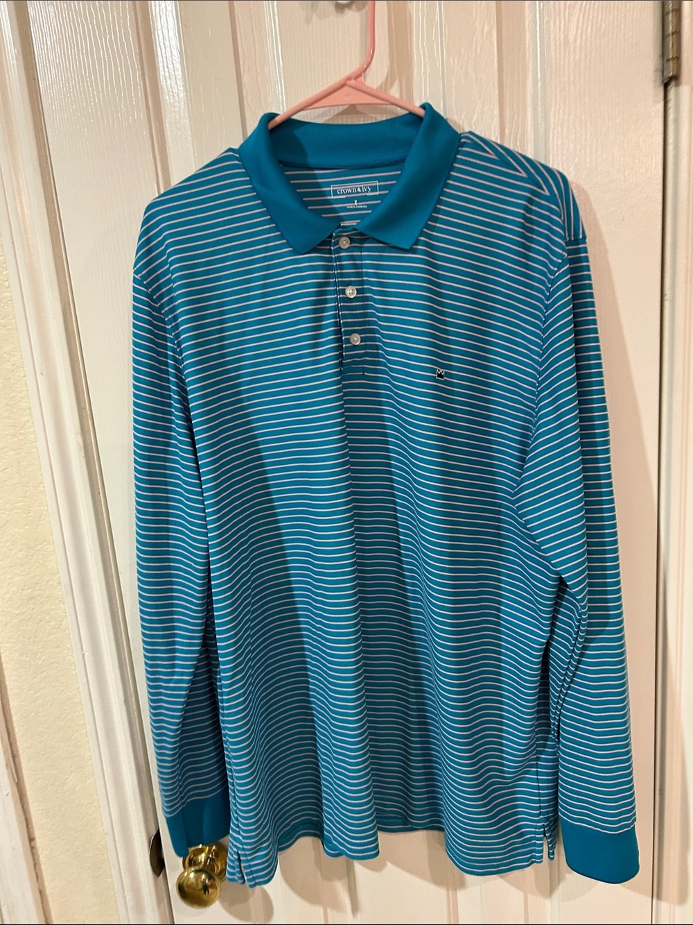 crown & ivy Teal and White Striped Long-Sleeve Polo